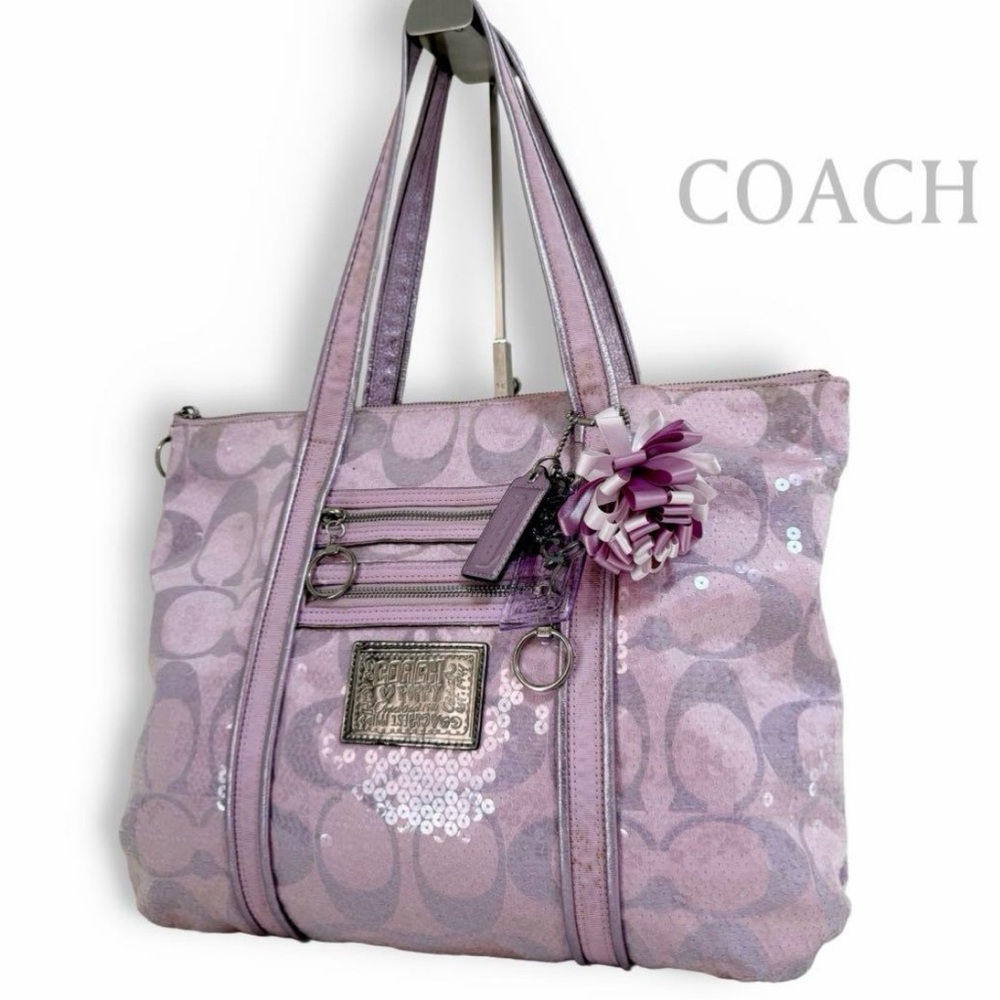 *RARE* COACH Puppy Tote Bag with Sequins, Pink, A4 Size, Logo